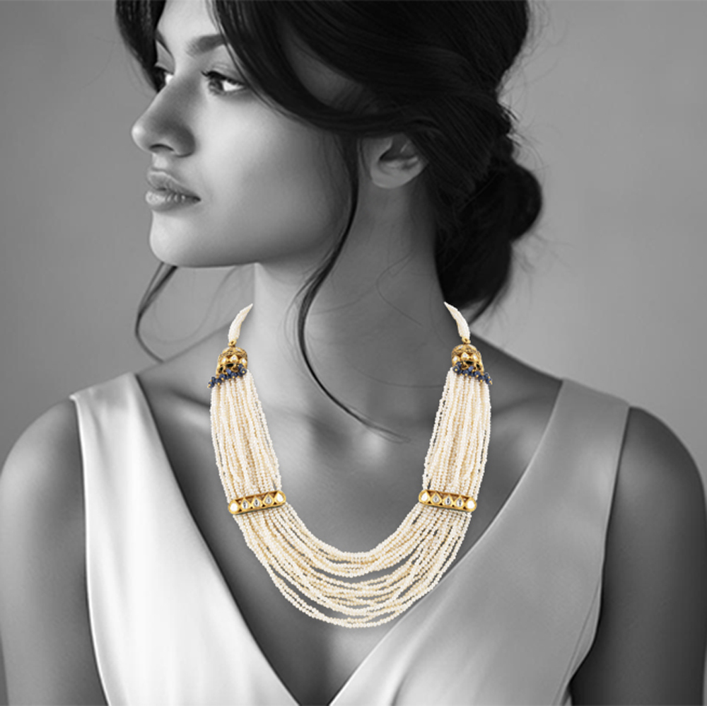 Multi-Strand Pearl Necklace with Polki & Jhumki Accents